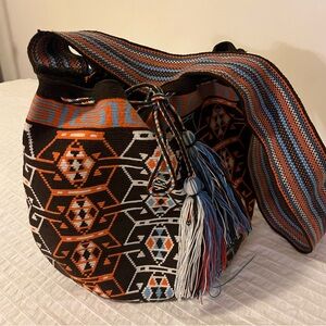 Geometric Patterned Shoulder Bag - Black, Orange, Blue